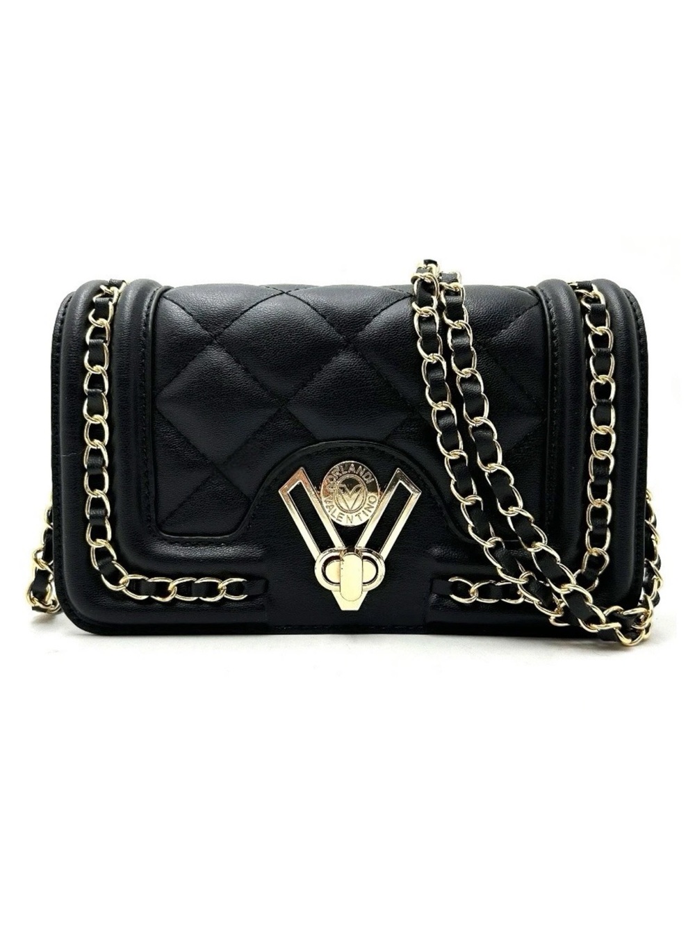 Black Quilted Chain-Strap Crossbody Bag with Gold Hardware